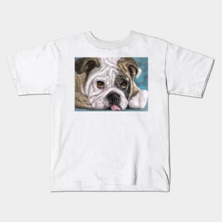 Painting of a brown and white Bulldog lying down with his tongue out Kids T-Shirt